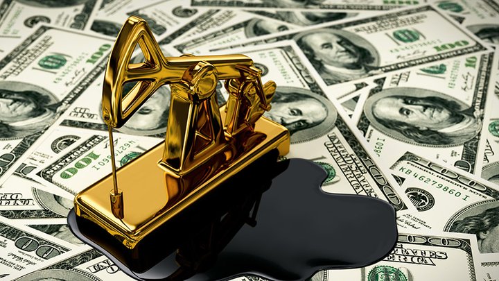 Golden Pumpjack And Spilled Oil On The Money