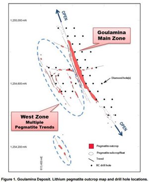 A map showing the Goulamina deposit and the RC holes recently sunk there