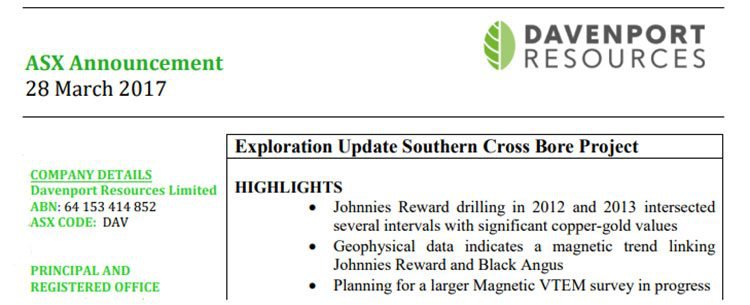 Exploration update southern cross project