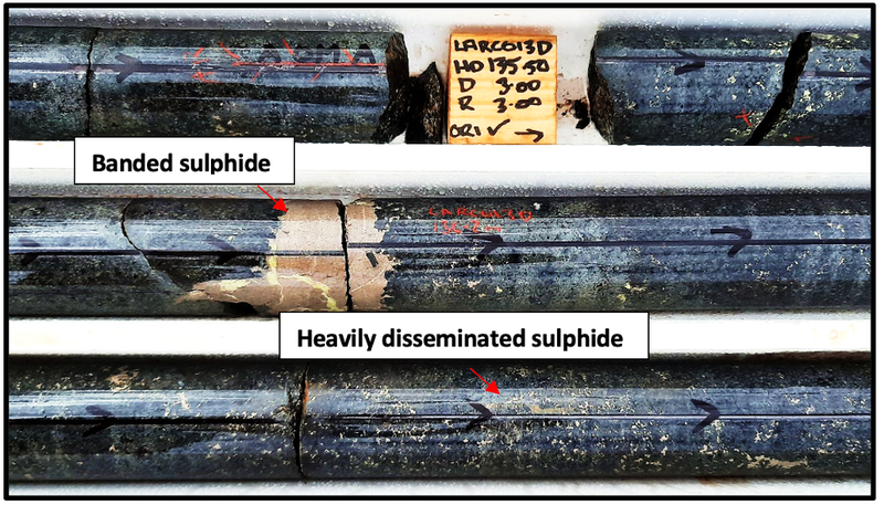 Disseminated, blebby and banded sulphide mineralisation in drill hole LARC013D (downhole depth 135 to 138m, HQ core diameter 6.35cm)