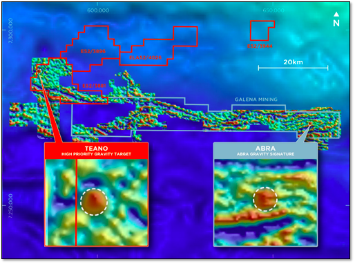 Hellcat Project with gravity images showing similarities between PFE Teano target and G1A Abra deposit-   Source: ‘Pantera Acquires Exciting Abra-Style Lead-Silver Project’ ASX announcement 23.12.21