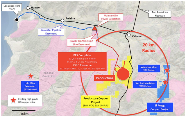 The new consolidated El Fuego copper project in relation to the company’s existing large-scale Productora copper project.