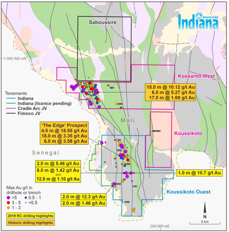 Indiana West Mali Gold Project showing results of drilling and sampling programs