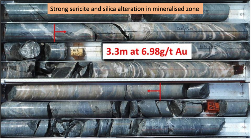 Gold Mineralised zone in NARC006 - Tchaga Prospect