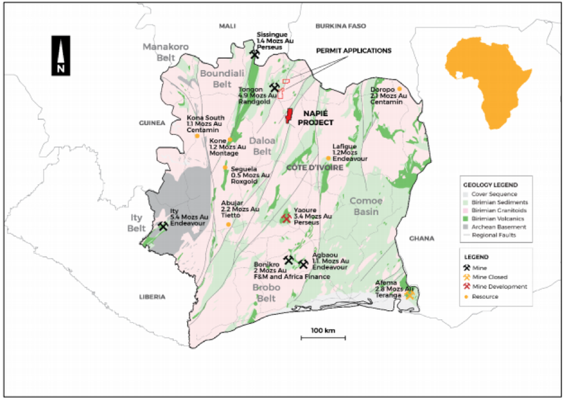 The Napié Project is located in a region surrounded by multi-million ounce gold projects. 