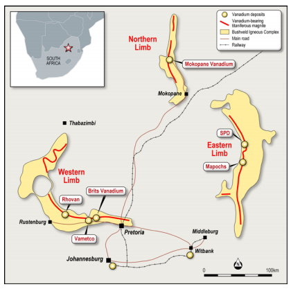 The location of the SPD Vanadium Project and other vanadium deposits in the Bushveld Igneous Complex