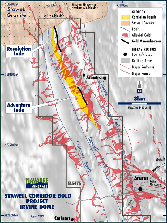 The Irvine basalt dome (yellow) and Resolution and Adventure lodes, relative to alluvial gold workings of the historical 1Moz Ararat Goldfield
