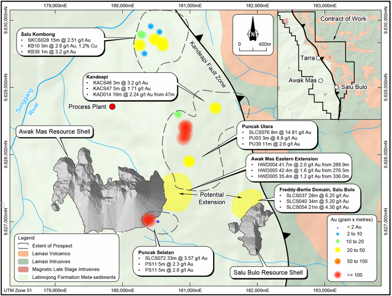Mine prospects showing selected historic and recent results; and prospect locations identified as gram x metre anomalies