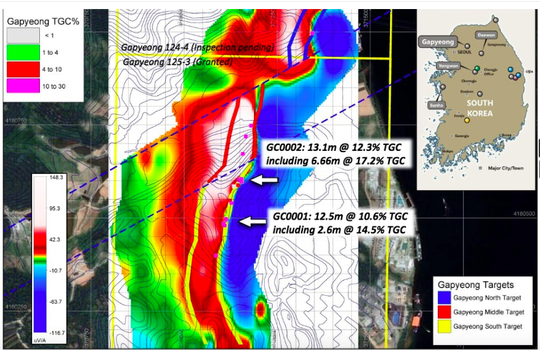 Gapyeong Project, rockchip/channel sample locations, EM anomalies and Exploration Target locations.