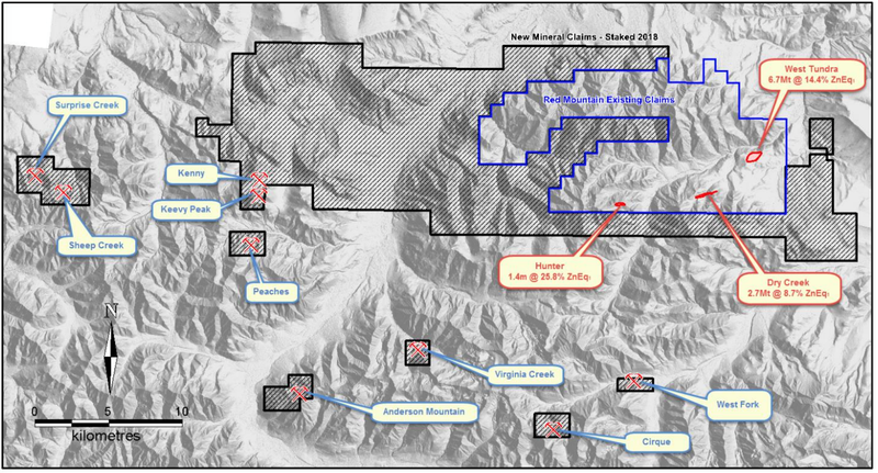 Red Mountain Project tenement outline on terrain map with locations for the Dry Creek and West Tundra Flats VMS deposit Mineral Resources