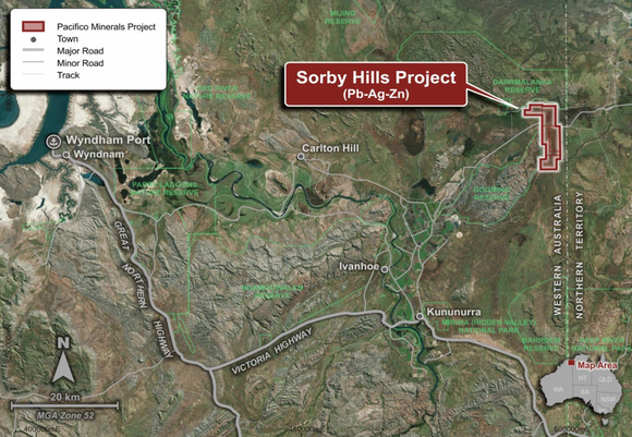 Location of the Sorby Hills Project, approximately 50km northeast of Kununurra, WA.