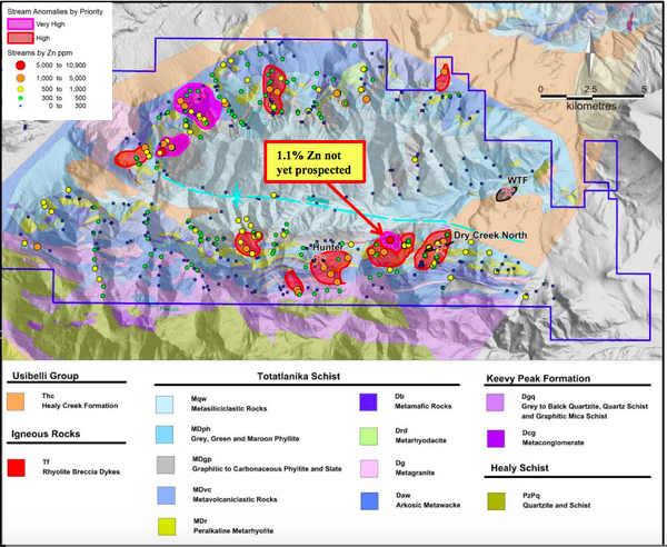 Location of high priority stream sediment geochemical anomalies on the DGGS geology map and terrain surface with locations for the Dry Creek and West Tundra Flats VMS deposits, and the recent Hunter VMS discovery.