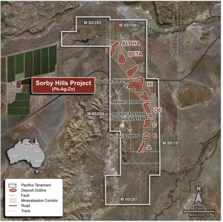 Sorby Hills Mineralised Corridor of Lead-Silver Deposits with a Global Mineral Resource Estimate Totalling 16.5Mt @ 6.0% Pb Equiv (4.7% Pb, 0.7% Zn and 54 g/t Ag)