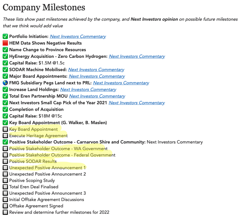 Company Milestones for PRL