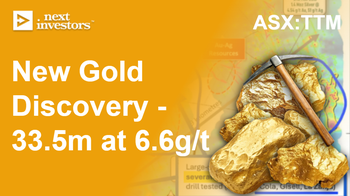 Gold surges ~4% overnight. TTM announces brand new, shear hosted gold discovery - 33.5m at 6.6g/t gold drill hit.