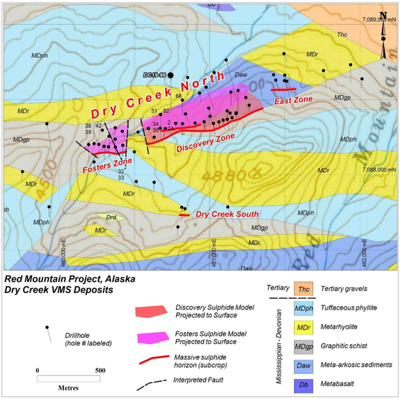 Dry Creek prospect showing surface projection of massive sulphide mineralisation lenses and the location of DC19-96 with respect to all historic drill hole traces on the DGGS geology map 