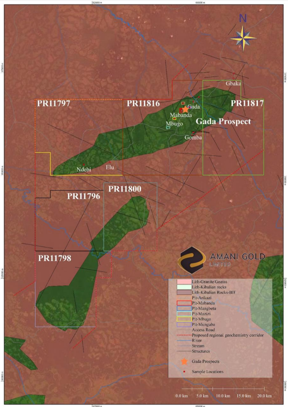 Map showing Exploration Permits, geology and structure of selected tenements - Gada Gold Project