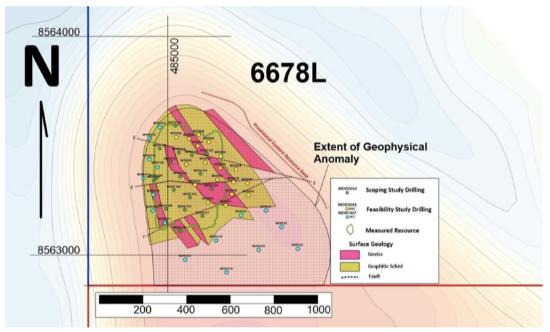 Locations of Feasibility Study drill holes and the plan view of mineralisation.
