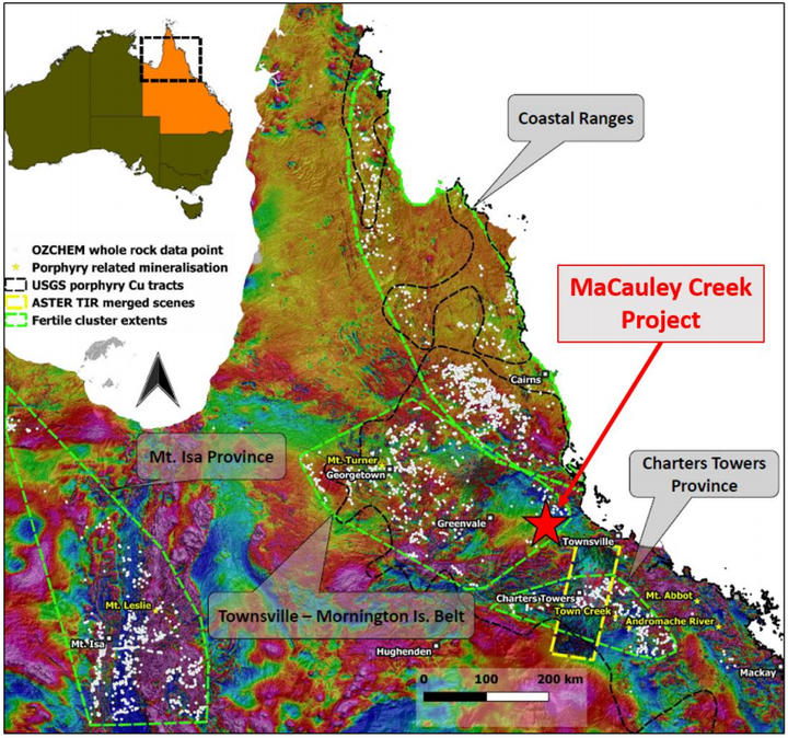 Queensland total magnetic intensity image showing fertile porphyry provinces (green polygons). MaCauley Creek occurs in the Townsville-Mornington Island Belt
