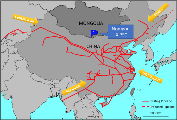 EXR’s Nomgon IX PSC located on the Mongolia-China border, near multiple existing and proposed gas pipelines