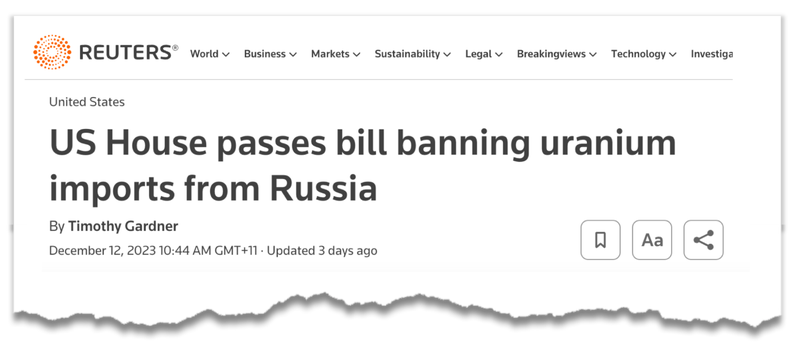 Reuters US house passes bill banning uranium imports from russia