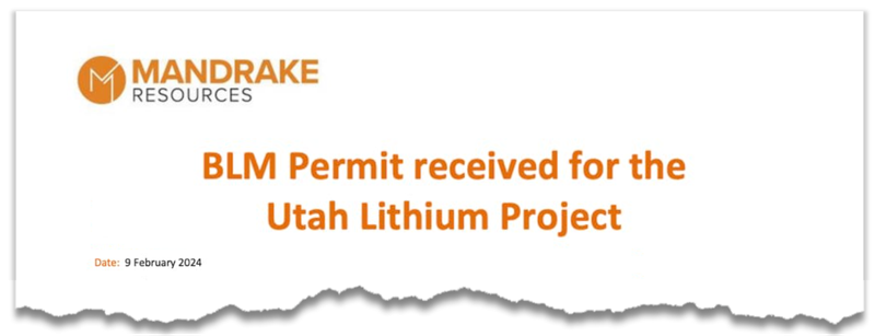 Mandrake BLM permit lithium utah