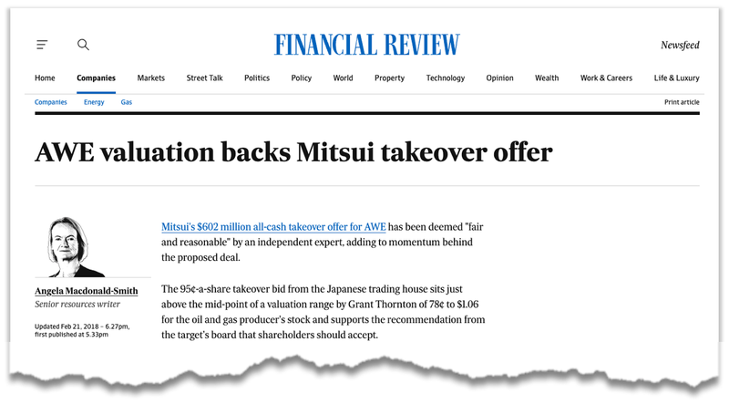 AW valuation backs Mitsui takeover offer