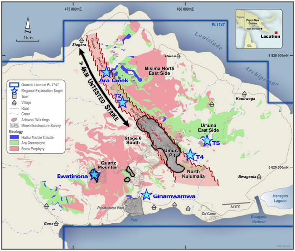 Misima Gold Project: simplified geology and exploration targets.