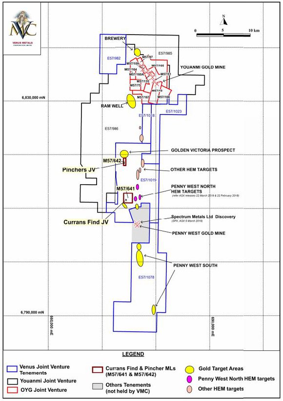 Location of Currans Find & Pincher Mining Leases & Gold Exploration Target Areas at Younami